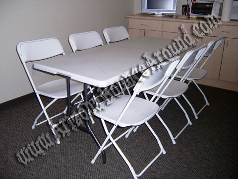 6 Foot Rectangle Table with 6 White Extra Wide Plastic Chairs