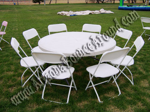 60' Round Table with 8 White Extra Wide Plastic Chairs