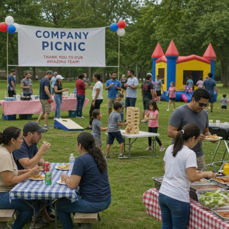 employees and families enjoying an outdoor company picnic with games and food