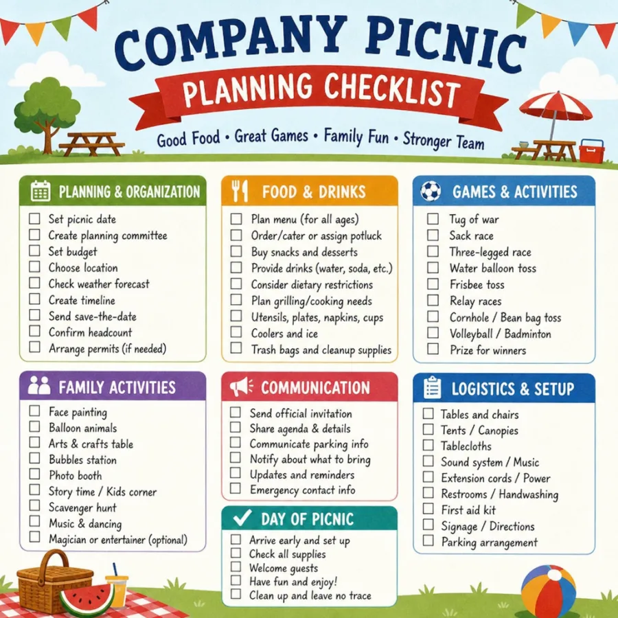 company picnic planning checklist with food games and family activities