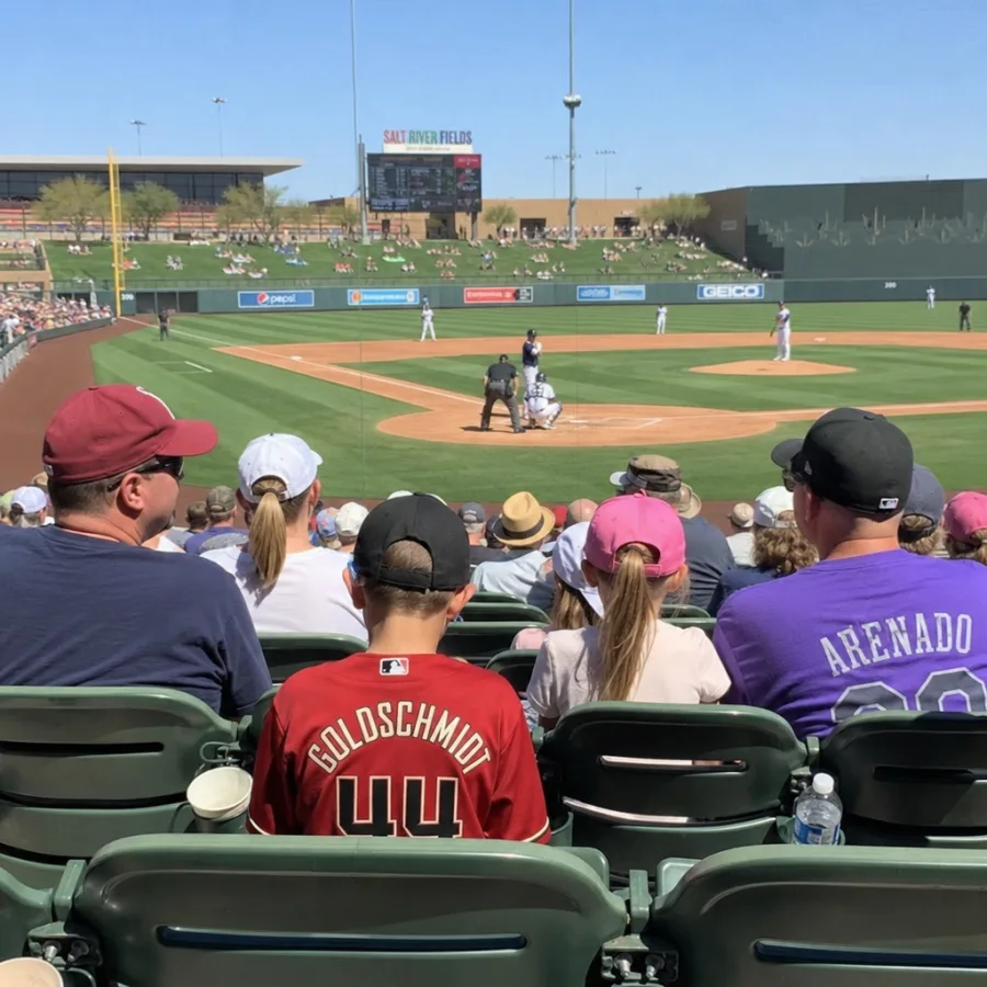 Families and sports fans enjoying a sunny afternoon at a Cactus League spring training baseball game