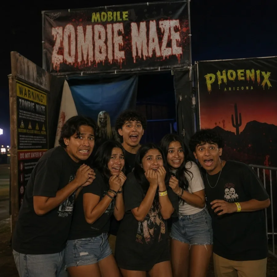 Group of friends looking scared but excited at the entrance of a mobile zombie maze in Phoenix