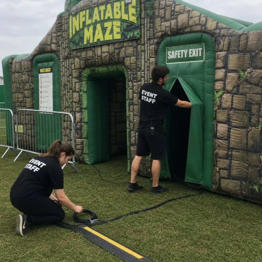 Event staff checking the safety exits and securing cables for an inflatable maze attraction