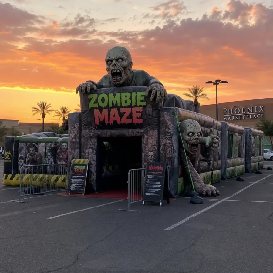 Large inflatable zombie maze setup in a Phoenix parking lot under the sunset