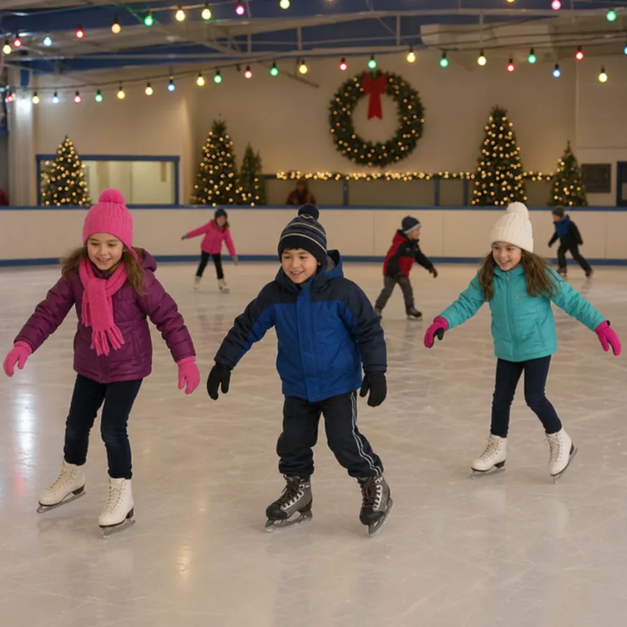 Children ice skating indoors under festive holiday lights