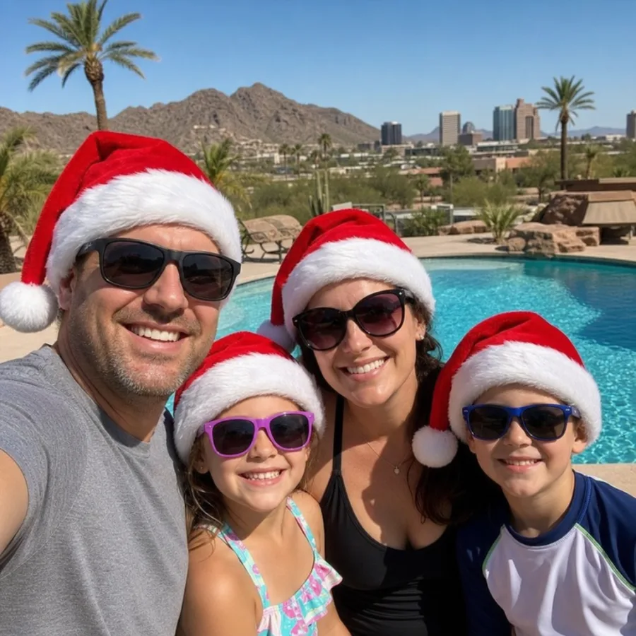 Family wearing Santa hats and sunglasses by a swimming pool in Phoenix