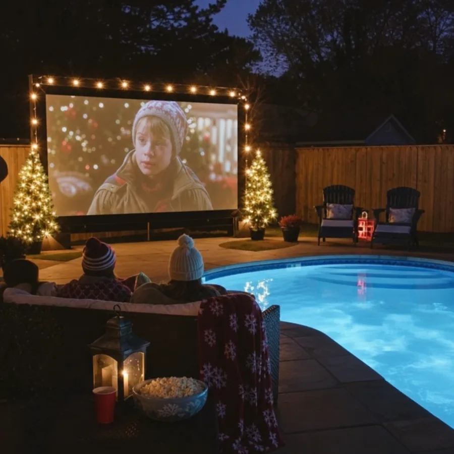 A backyard outdoor movie screen showing a holiday film next to a glowing swimming pool
