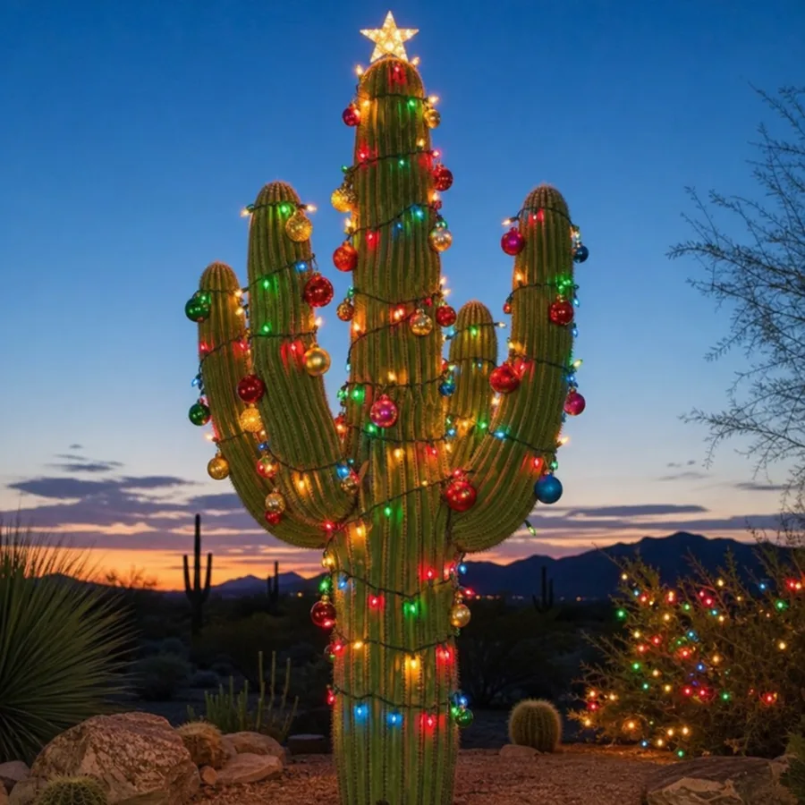 A large cactus decorated with bright Christmas ornaments and string lights