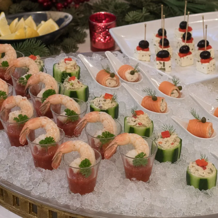 Festive chilled appetizers displayed on a table over crushed ice