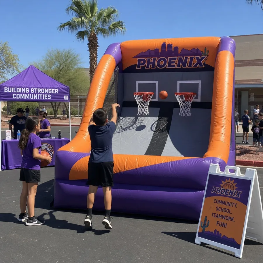 Inflatable basketball game set up for a school or community event in Phoenix