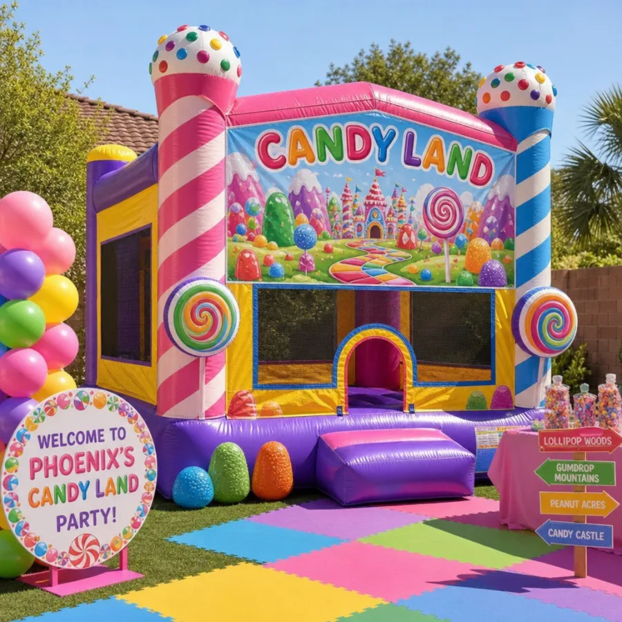 colorful Candy Land themed bounce house set up for a Phoenix party