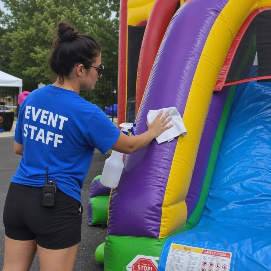Event staff wiping down and sanitizing an inflatable attraction