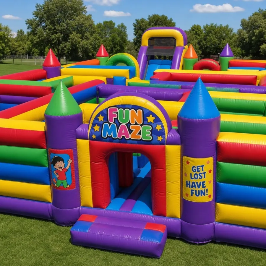 A vibrant, multi-colored inflatable fun house maze set up on a sunny green field