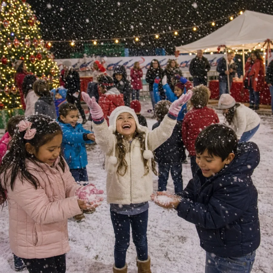 Children enjoying artificial snow during an outdoor holiday party