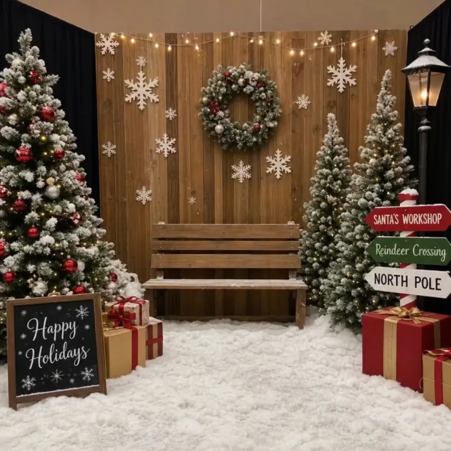 Holiday photo area with artificial snow and festive decorations