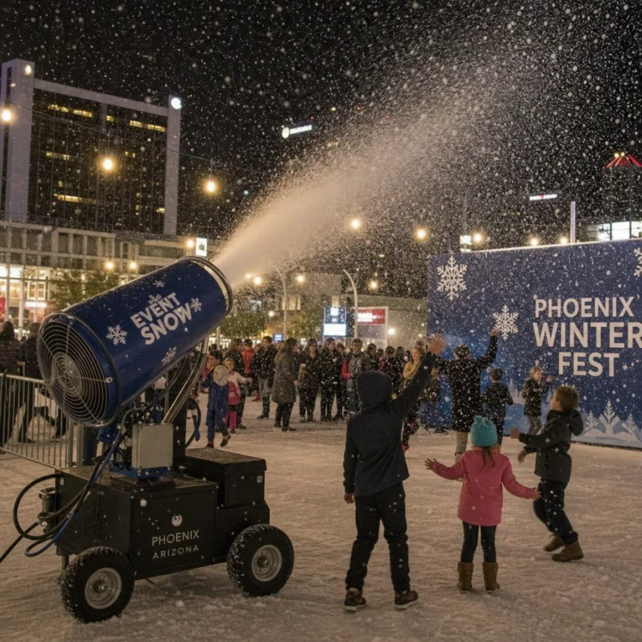 Artificial snow blowing machine creating snow at a Phoenix event