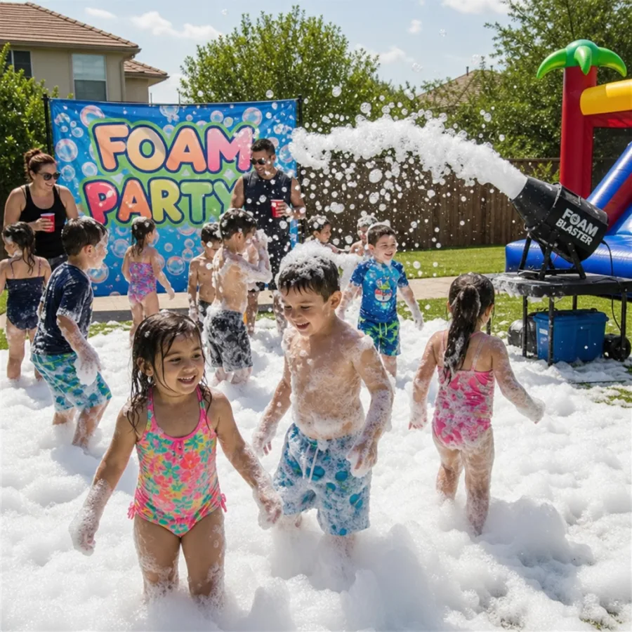 Family foam party setup with foam machine in a sunny outdoor yard