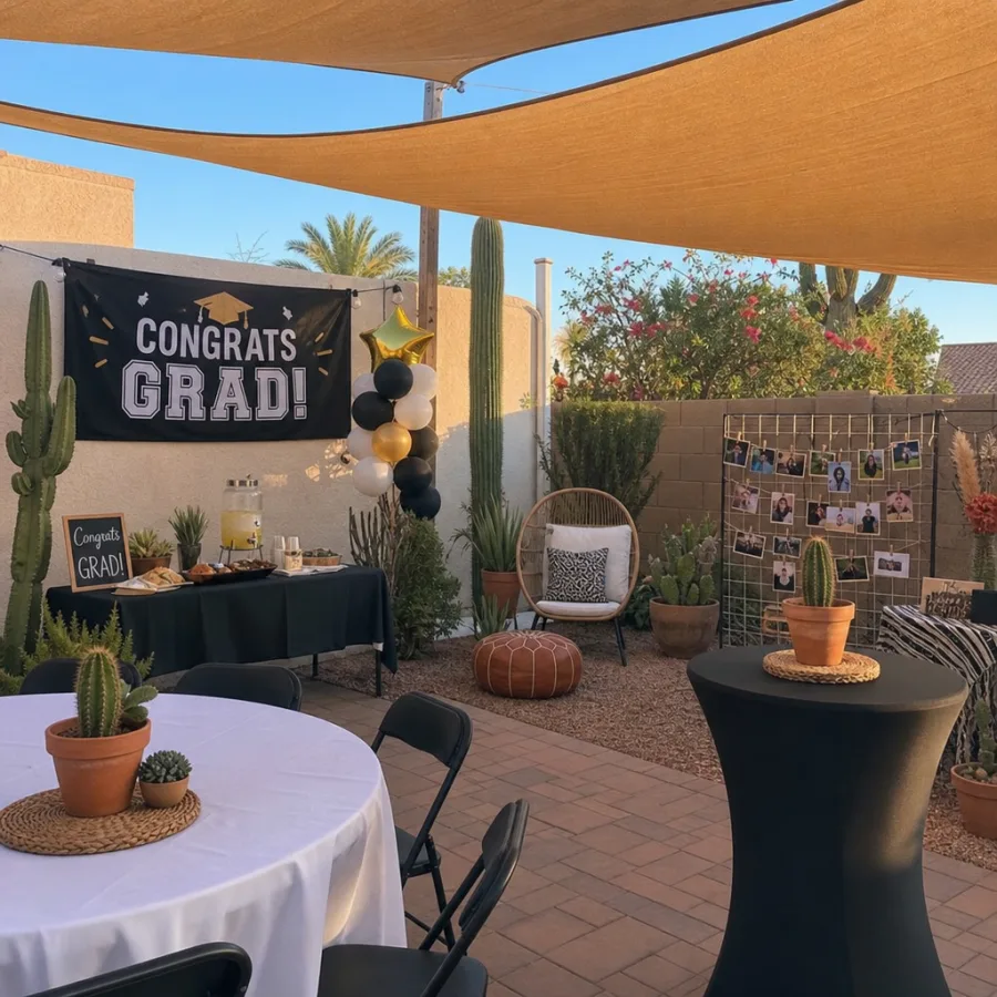 Phoenix backyard graduation party with shade sails and desert-inspired decorations