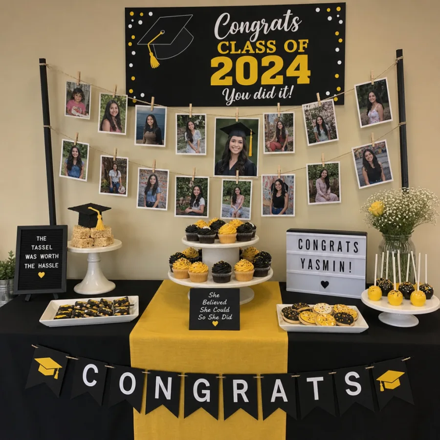Graduation dessert table with school-color cupcakes and personalized photo display