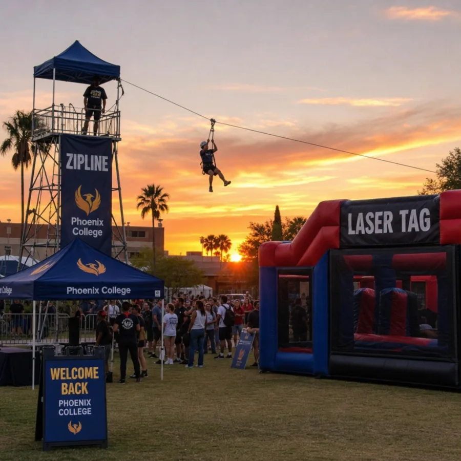 Portable zipline tower and inflatable laser tag arena set up for a Phoenix college welcome back celebration at sunset