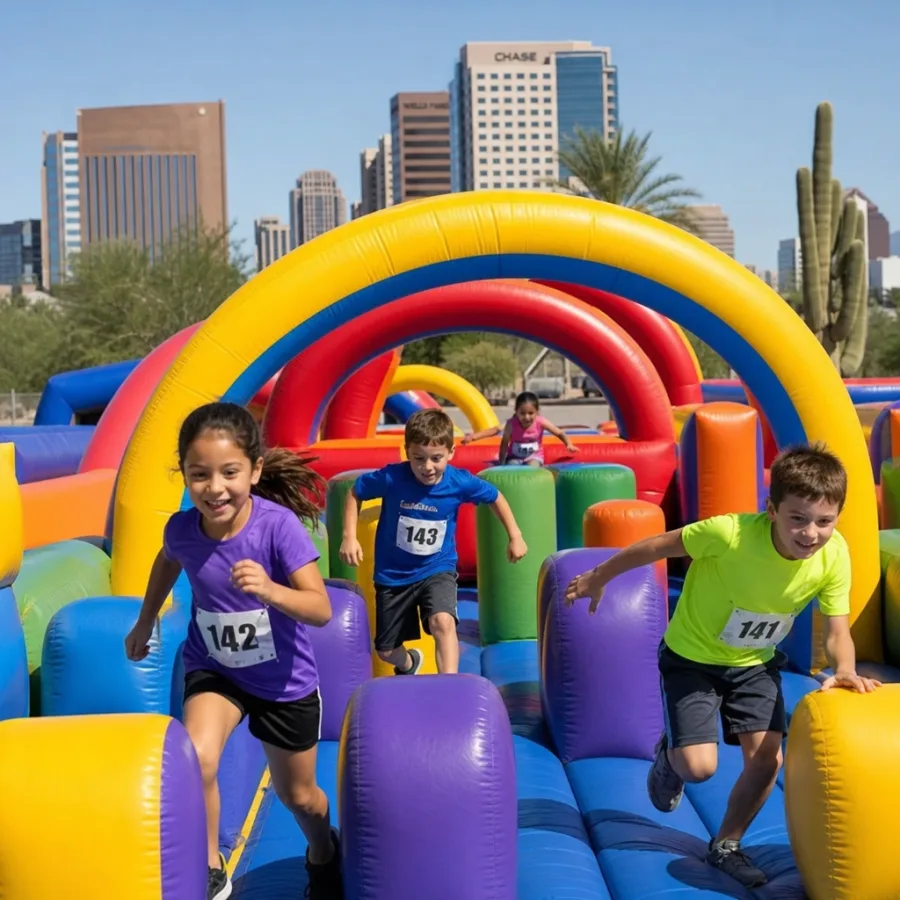 children racing through a colorful inflatable obstacle course in Phoenix