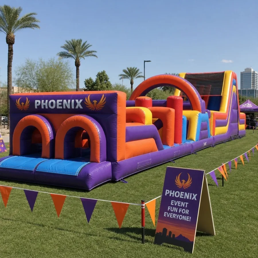Inflatable obstacle course safely installed on a grass field for a Phoenix event