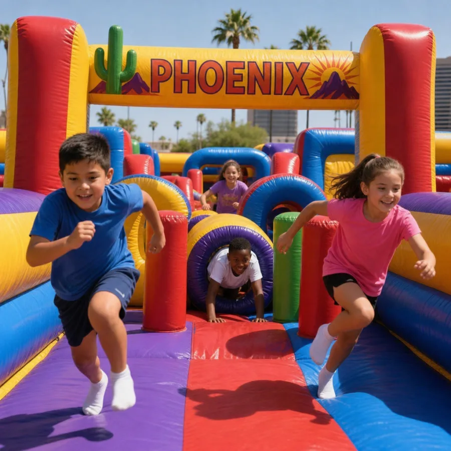 Children racing through a colorful inflatable obstacle course in Phoenix