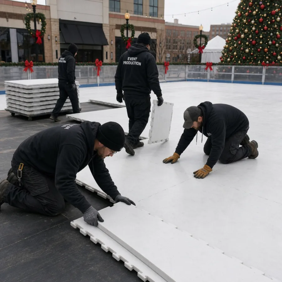 Event production crew installing interlocking ice floor panels to build a mobile rink for holiday events