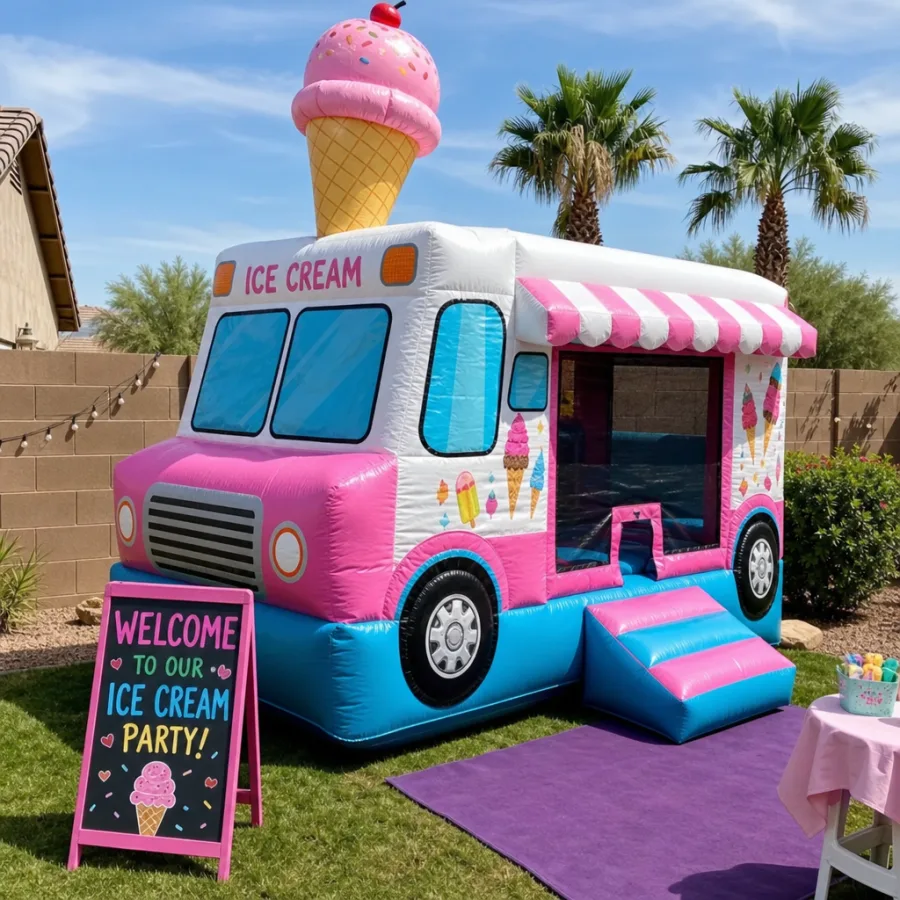 Colorful ice cream truck themed bounce house set up for a Phoenix backyard party