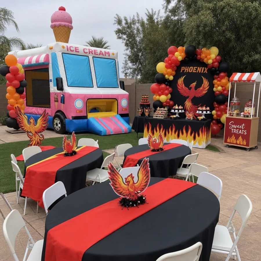 Phoenix party layout with ice cream truck bounce house, seating, and dessert area