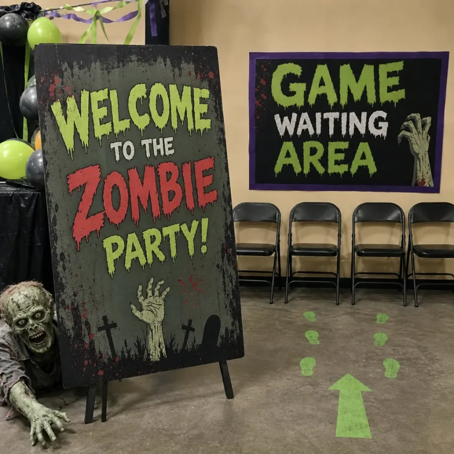 Zombie-themed party welcome sign beside a clearly marked game waiting area