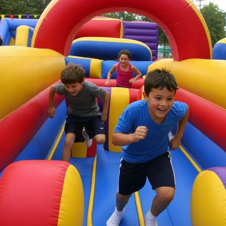 Kids racing through a large inflatable obstacle course at a birthday party