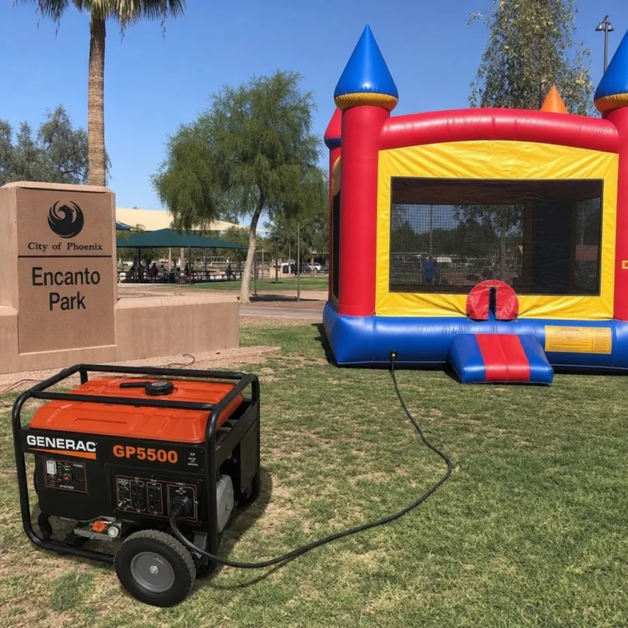 A portable generator powering an inflatable bounce house at a local Phoenix park