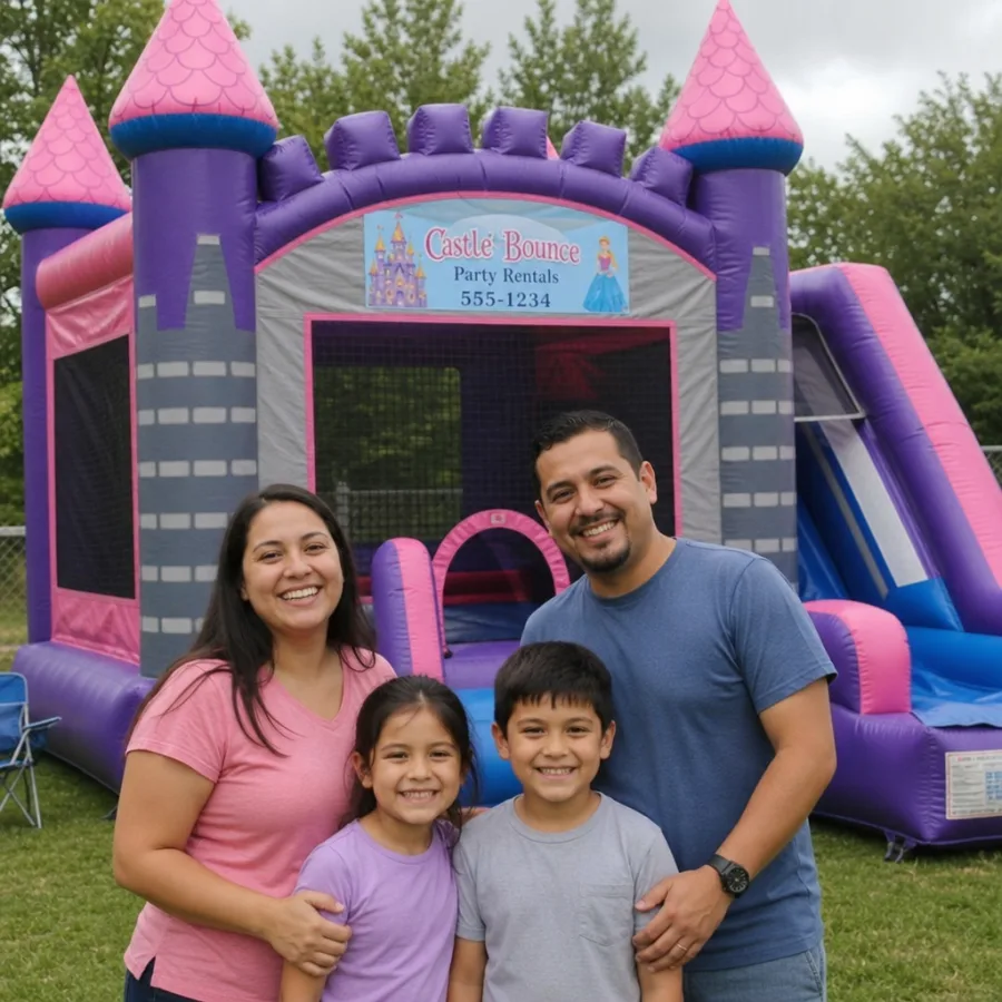 Parents and children smiling in front of a castle-themed bounce house rental