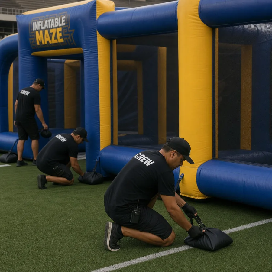 A professional event crew safely securing an inflatable maze using sandbags on a turf surface