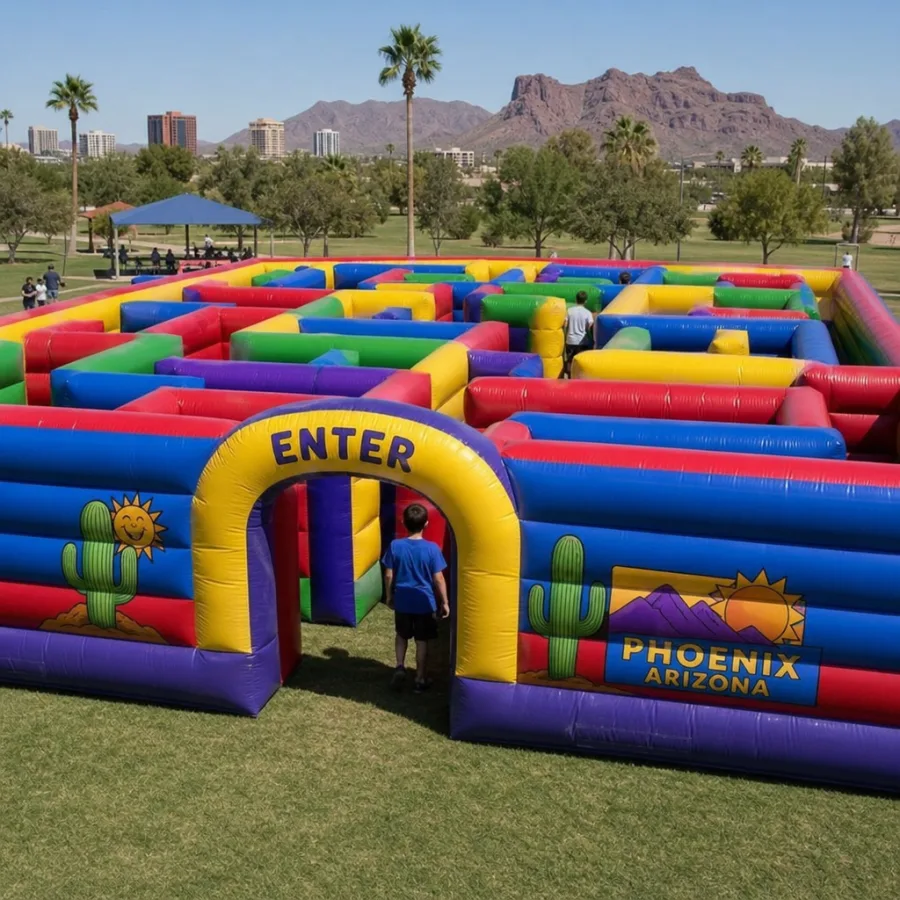 A large, colorful inflatable maze set up on a grassy park in Phoenix