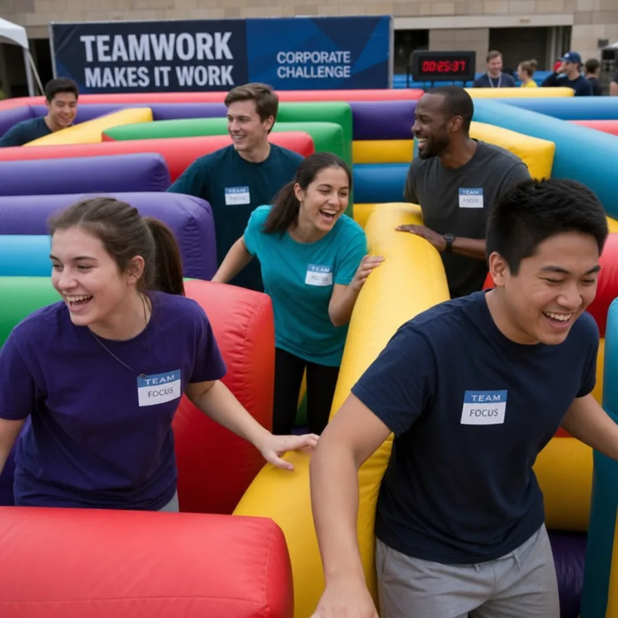 Teenagers and adults laughing while navigating through an inflatable puzzle maze at a corporate event