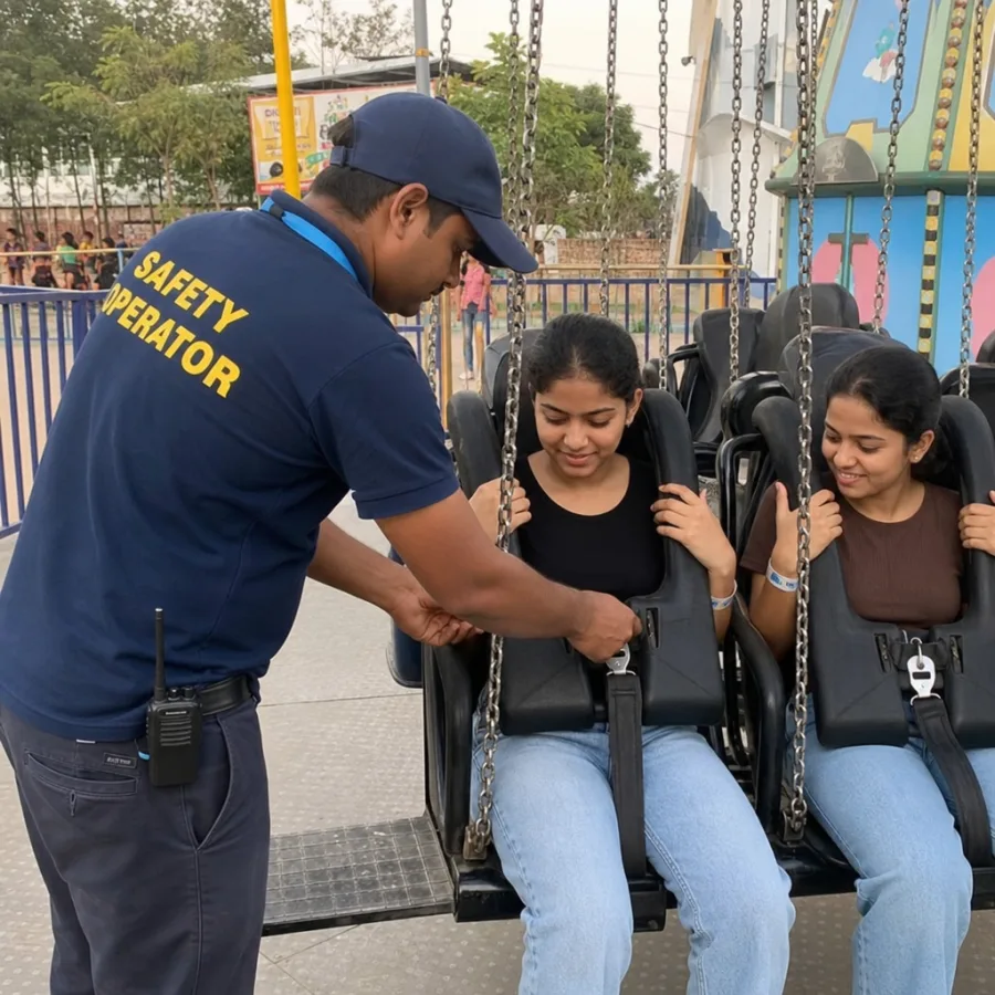 Safety operator checking the harnesses and securing riders before starting the mechanical swing