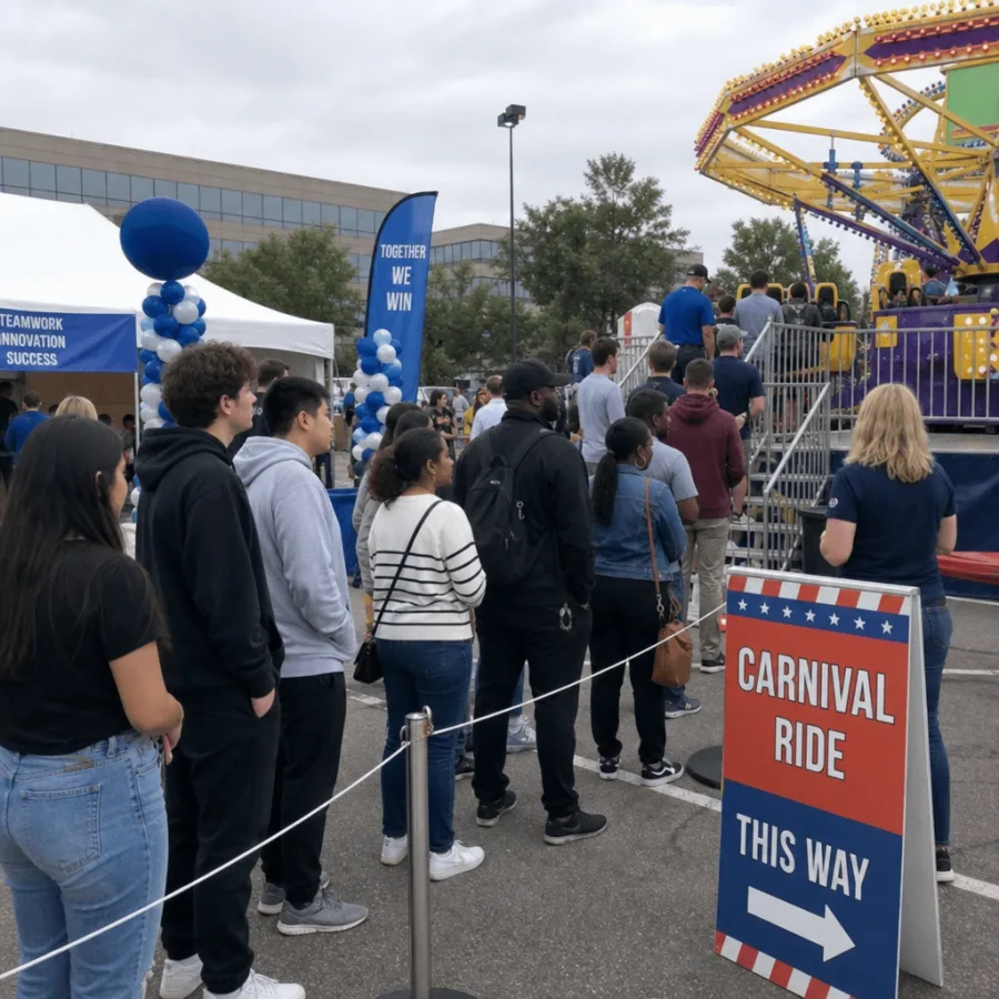 A diverse crowd of teenagers and adults lining up for a carnival ride at a corporate event