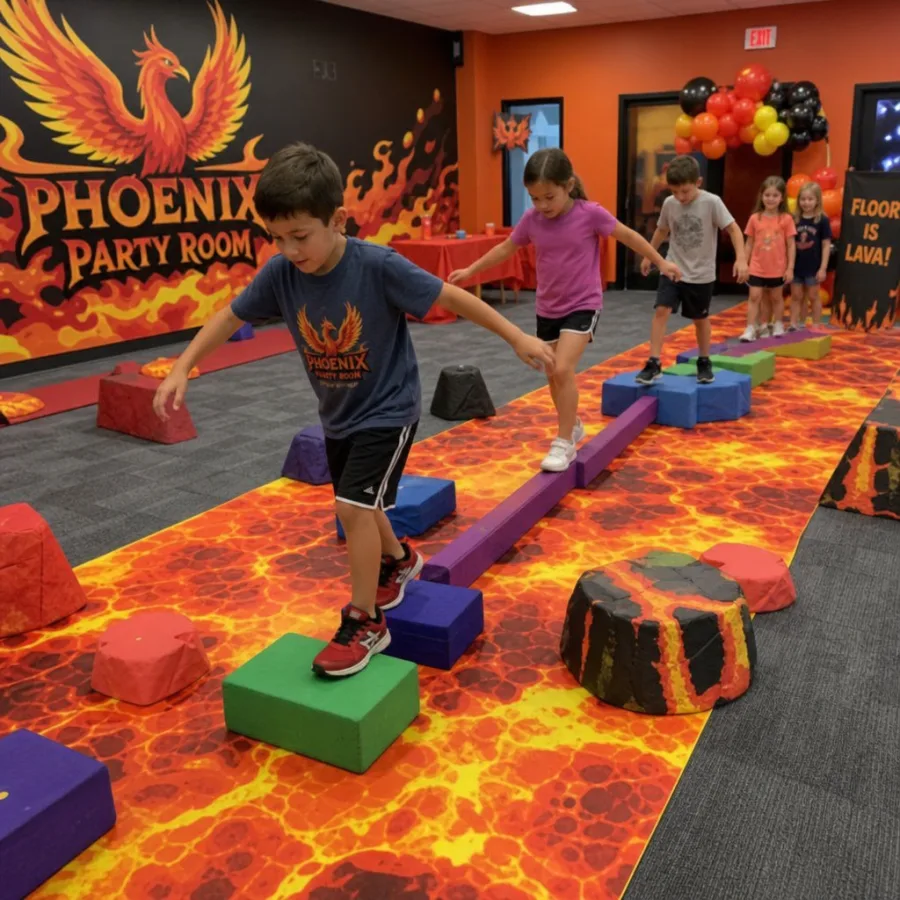 Kids crossing colorful floor is lava obstacle course in a Phoenix party room