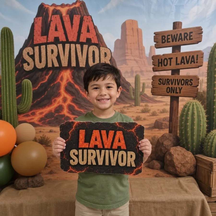 Child posing with lava survivor sign and desert themed party backdrop
