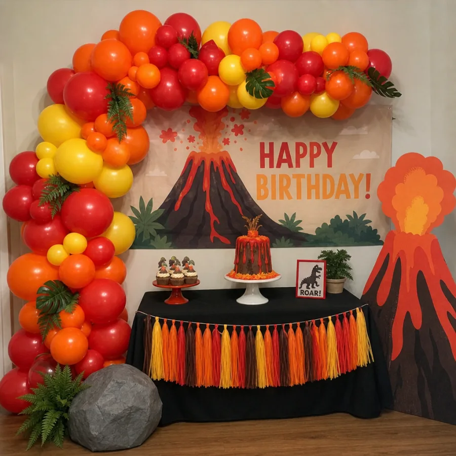 Red orange and yellow balloon garland with volcano party decorations