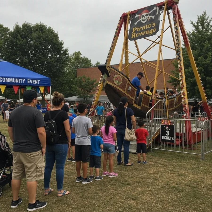Families lining up near a pirate ship carnival ride at a community event