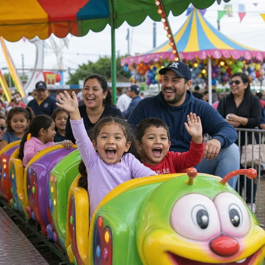 Excited children and parents enjoying a colorful carnival ride at a local festival
