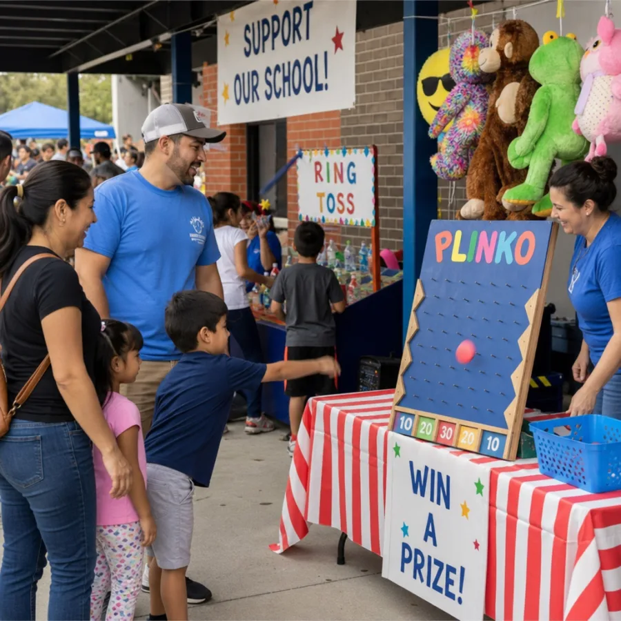 Families playing interactive midway games and winning prizes at a school fundraiser