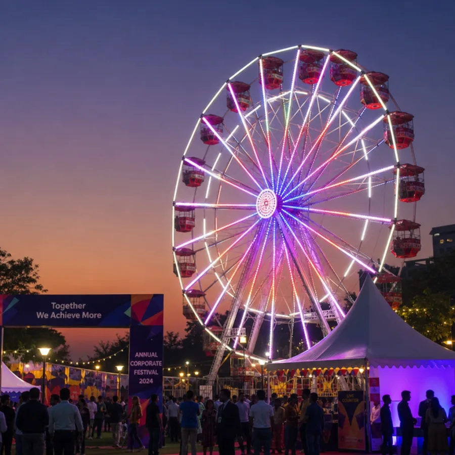 A beautiful Ferris wheel lit up at dusk during a corporate festival