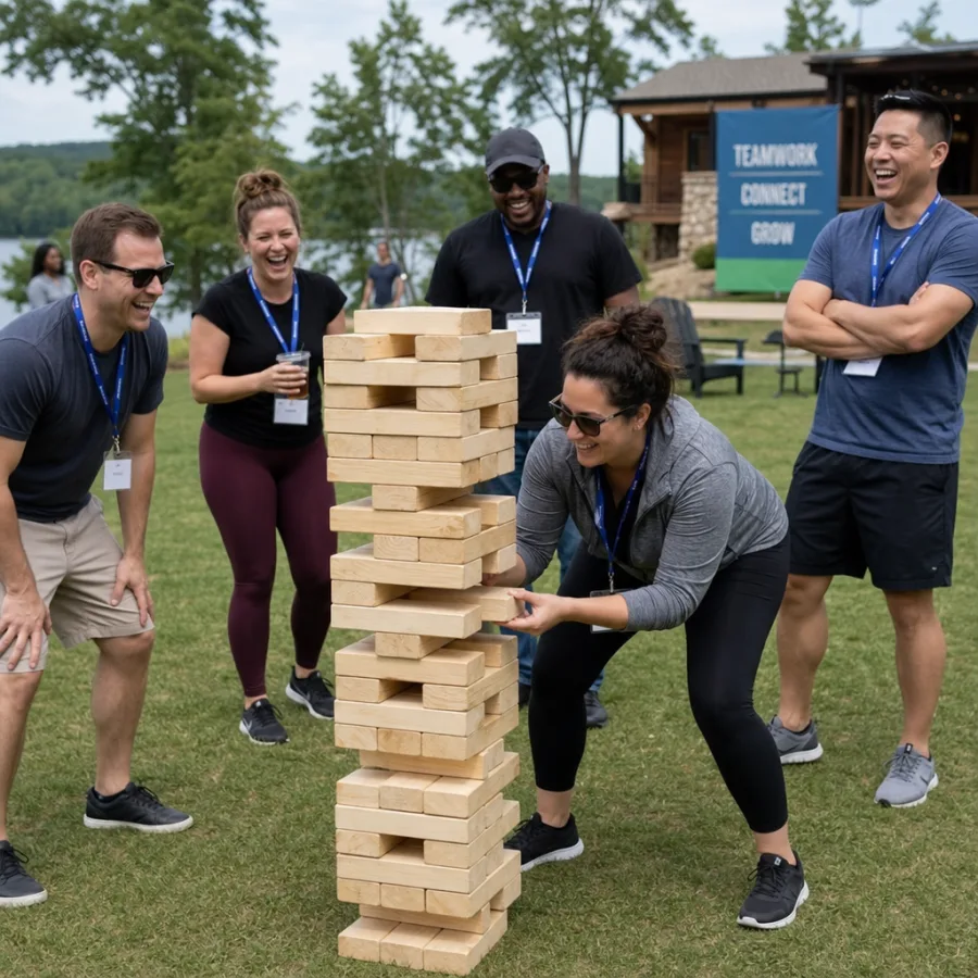 Colleagues laughing and playing a giant outdoor game together at a corporate retreat
