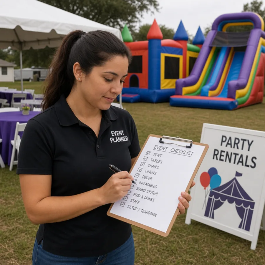 Event planner reviewing a checklist on a clipboard with party rentals and inflatable games in the background