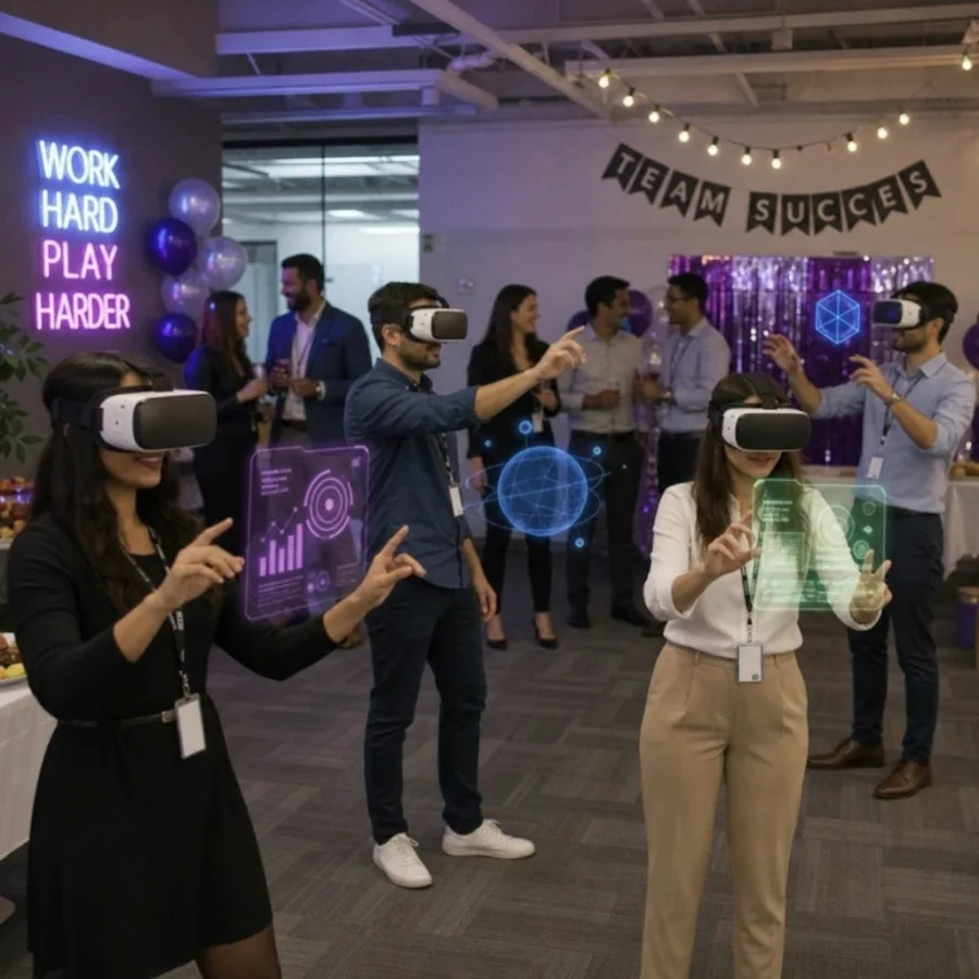 Employees wearing VR headsets and interacting with virtual elements at a modern office party
