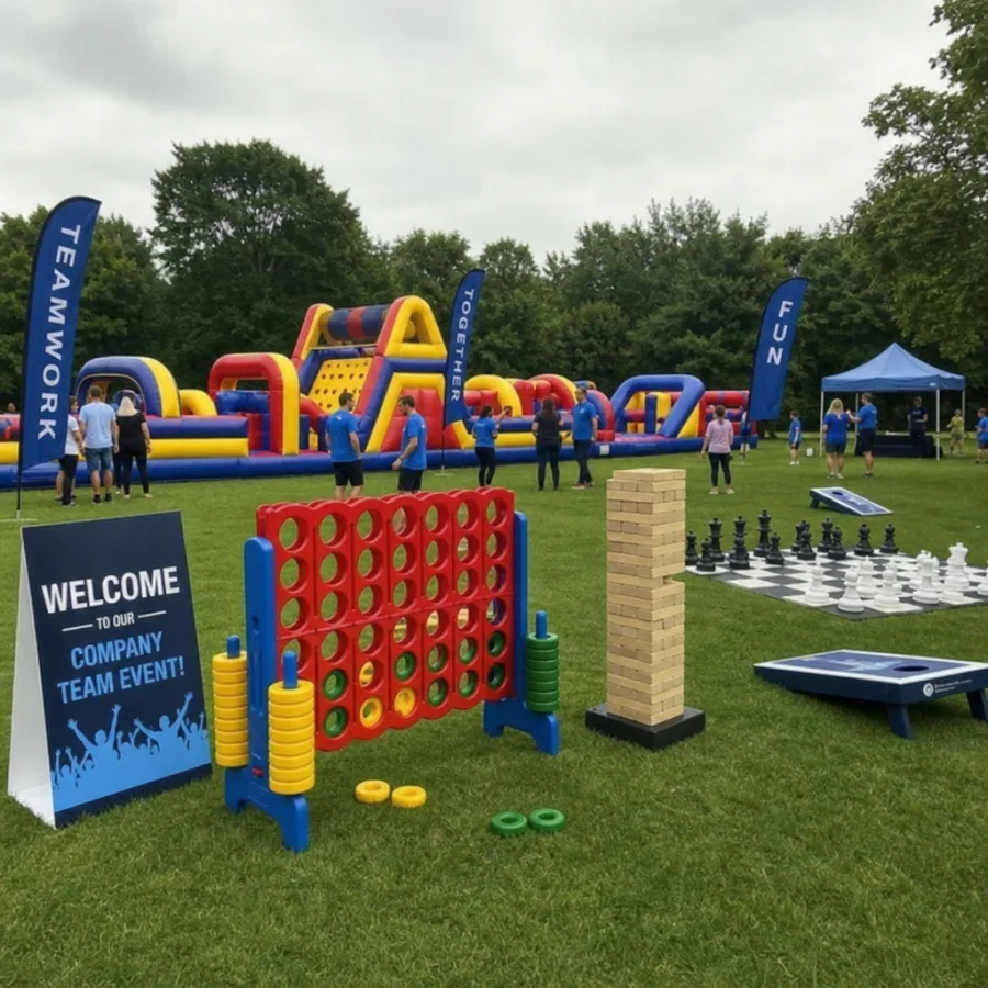 A large inflatable obstacle course and giant lawn games set up in a green park for a corporate event